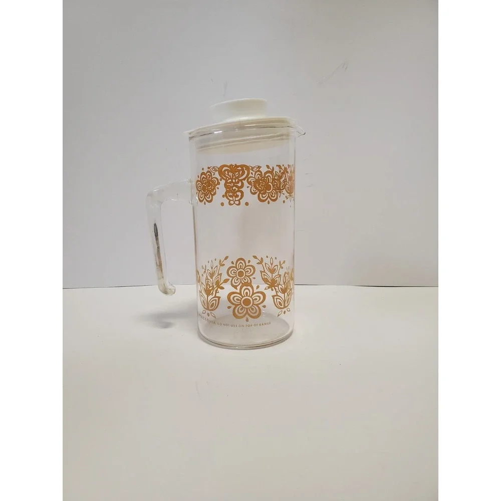 Vintage Pyrex Butterfly Flower Gold Glass Pitcher/Carafe Handle Stopper Lid